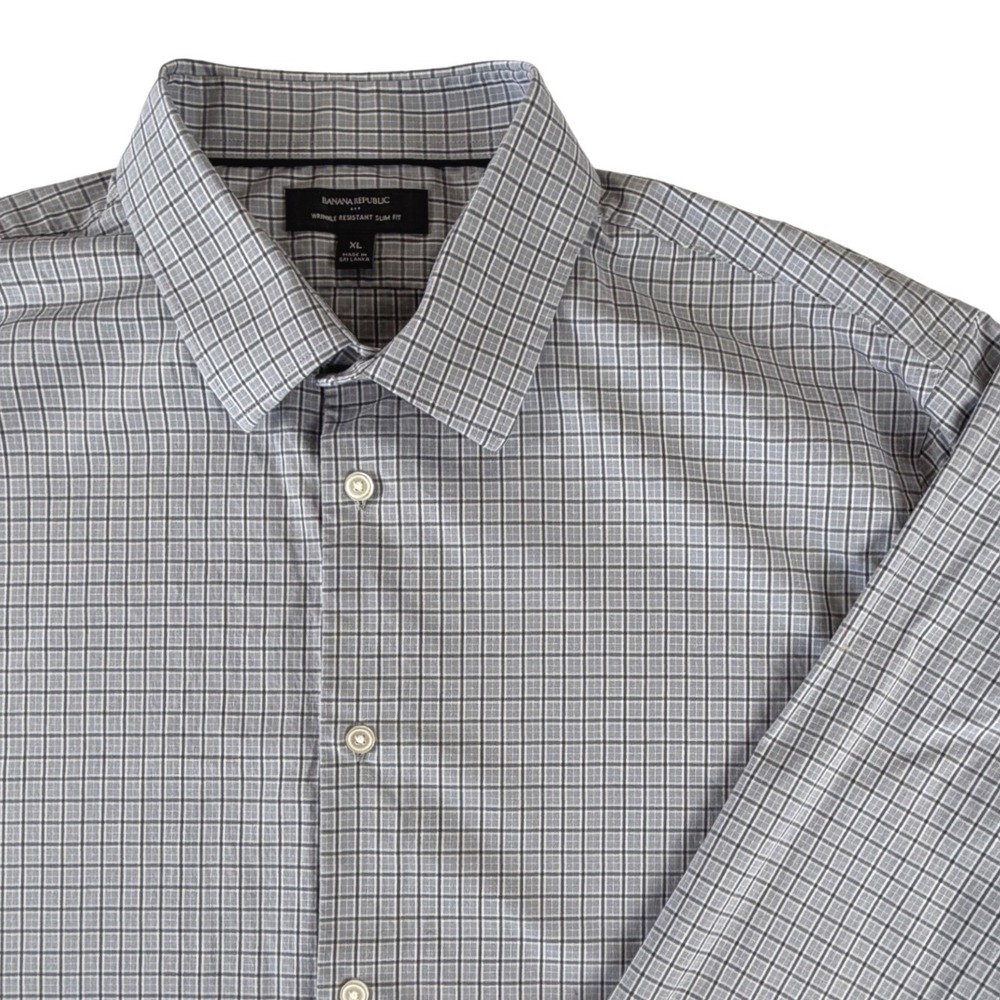Banana Republic Mens XL Wrinkle Resistant Slim Fit Dress Shirt Grey Plaid Grid